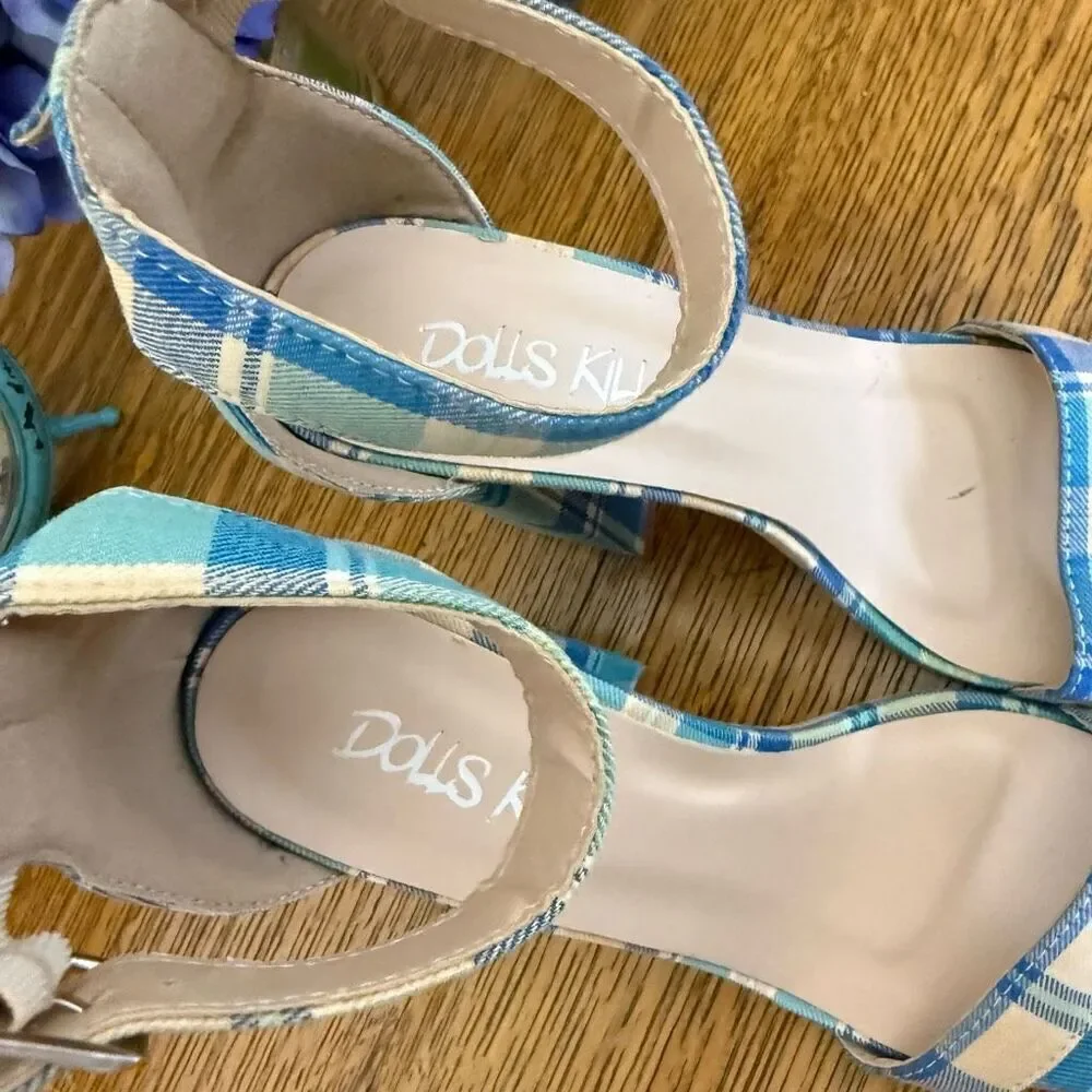 Dolls Kill Mojito Just Flawless Blue & Yellow Plaid Block Heel Sandals Sz 5/6